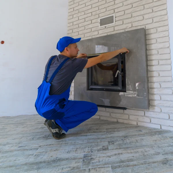 Invest in a gas fireplace for a comfortable winter 2 A man in overalls repairs a gas fireplace, focused on his work in a domestic setting.