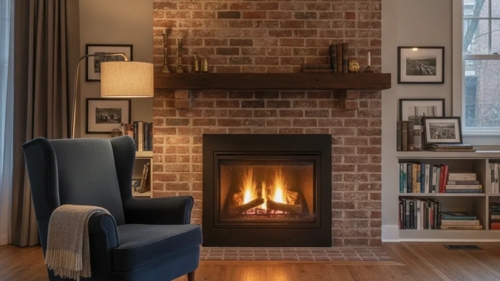 Convertir un foyer au bois au gaz à Montréal : les coûts réels en 2026 1 Foyer de maçonnerie converti au gaz avec insert moderne
