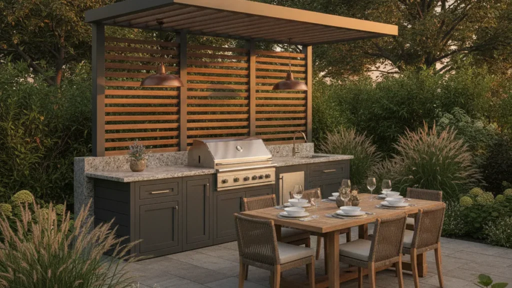 Mughet : la division extérieure de Noréa Foyers Grand Montréal 4 Cuisine extérieure haut de gamme sous pergola bioclimatique, aménagée par Mughet
