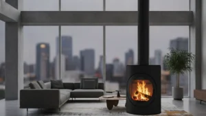 Contemporary suspended wood stove in an open-concept loft