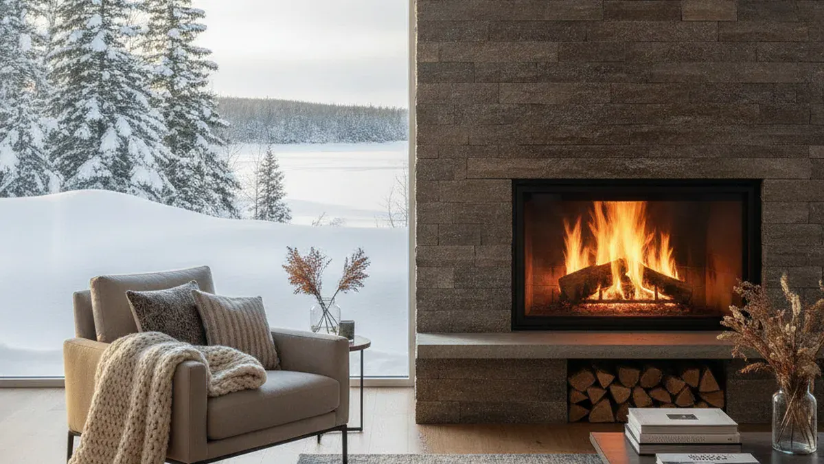 Foyer au bois moderne avec mur de pierre dans un salon québécois en hiver