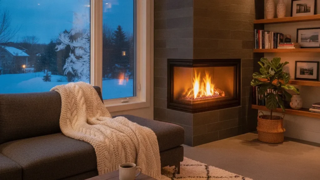 Foyer au gaz haute efficacité : quel retour sur investissement avant l'hiver ? 4 Foyer au gaz haute efficacité dans un salon en soirée d'hiver