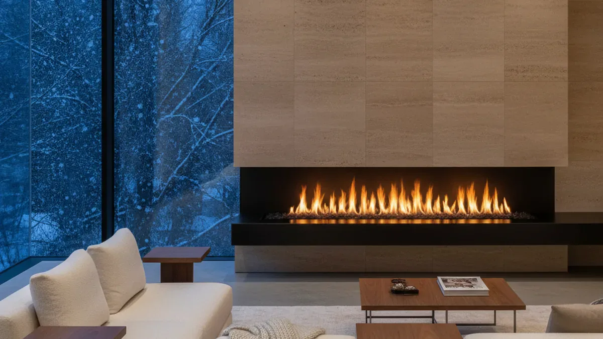 Foyer au gaz linéaire encastré dans un mur de pierre calcaire, salon contemporain à Montréal en hiver
