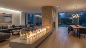 Double-sided linear gas fireplace separating the living room and dining room