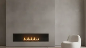 Frameless minimalist gas fireplace in a polished concrete wall