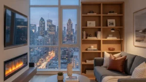 Linear electric fireplace in a downtown Montreal condo