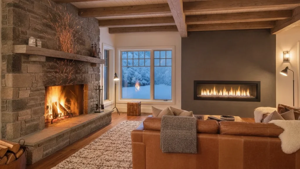 Foyer au gaz ou au bois : lequel choisir au Québec ? (comparatif 2026) 9 Salon québécois réunissant foyer au bois et foyer au gaz