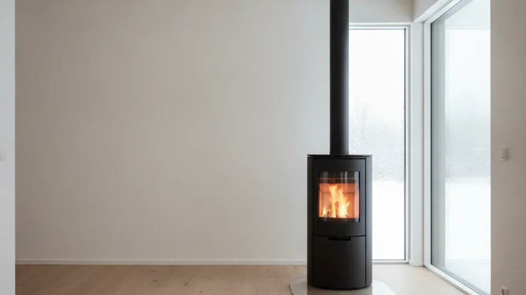 Stûv : 4 foyers et poêles au design minimaliste qui changent une pièce 3 Poêle au bois minimaliste de style Stûv dans un intérieur épuré et lumineux