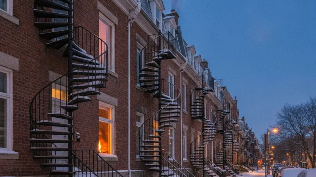 Réglementation foyer au bois à Montréal et Laval : ce qui change en 2026 4 Rue résidentielle de Montréal en hiver avec foyer au bois visible en fenêtre