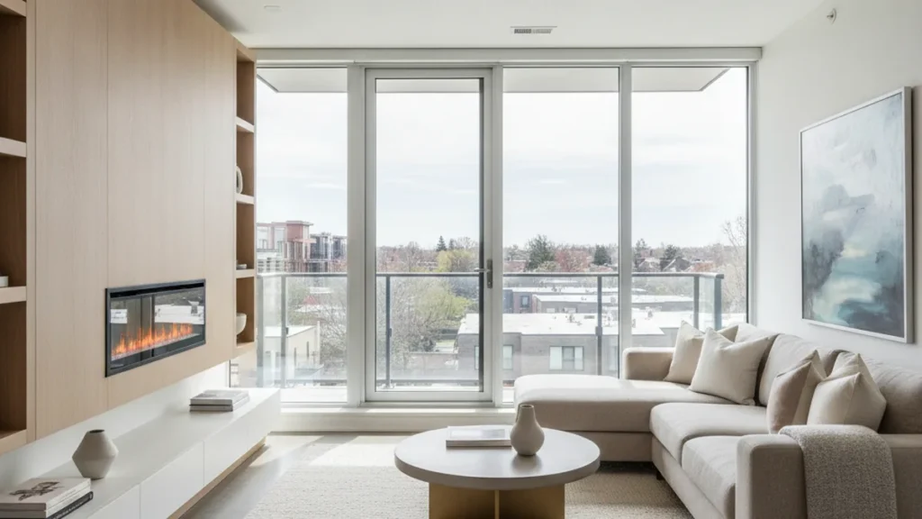Remplacer un foyer au bois en copropriété sur la Rive-Sud : le guide pour syndics 7 Foyer électrique mural dans un condo lumineux de la Rive-Sud