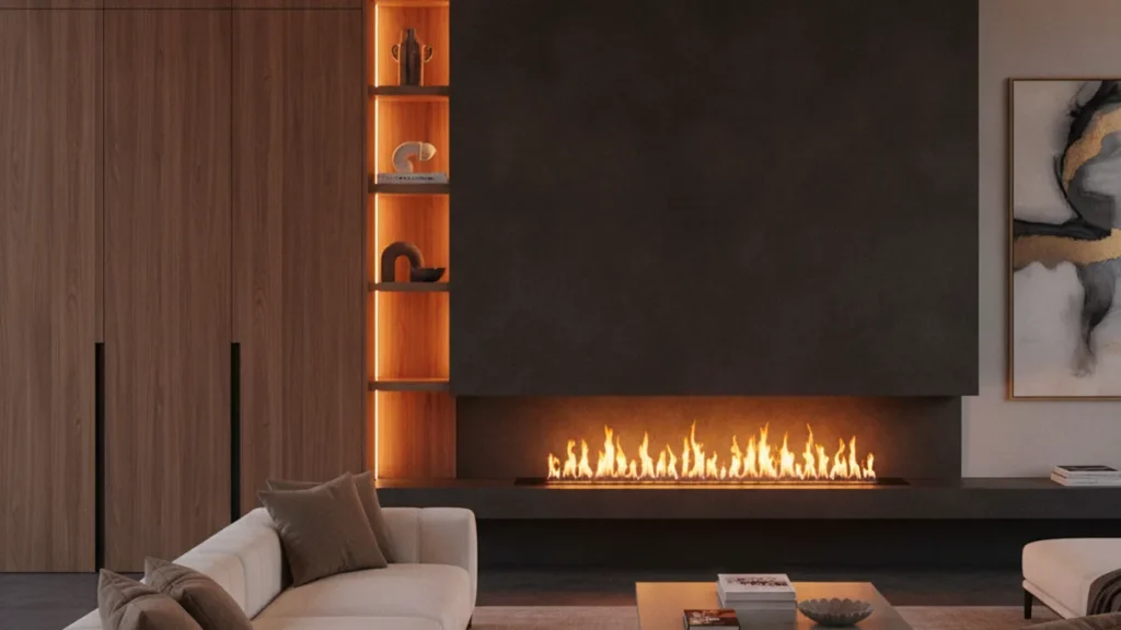 Stûv ou Ortal : quel foyer au gaz design choisir en 2026 ? 3 Foyer au gaz linéaire haut de gamme dans un salon design contemporain